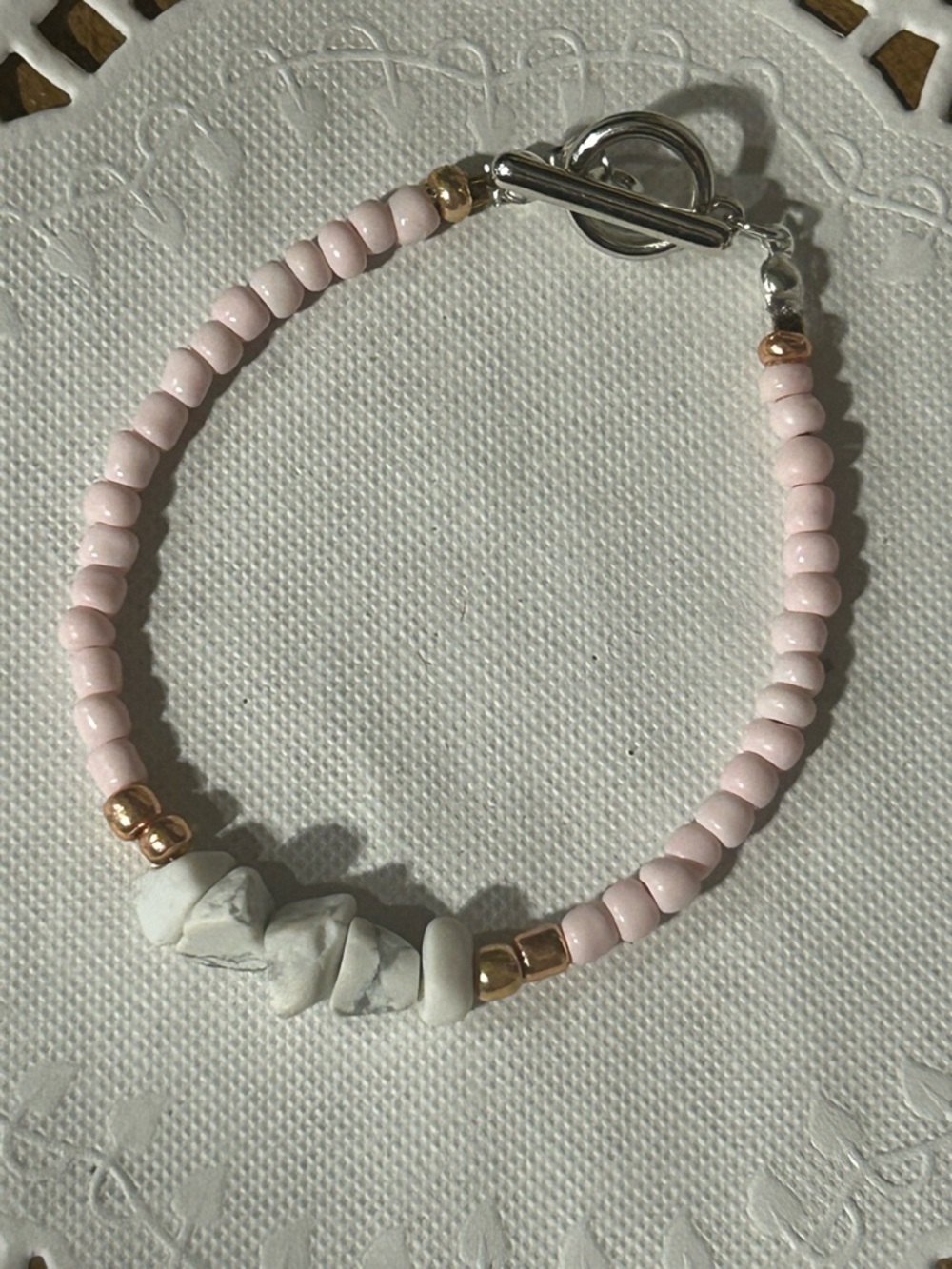 Delicate Pink Beaded Bracelet with White Howlite and Gold Accents